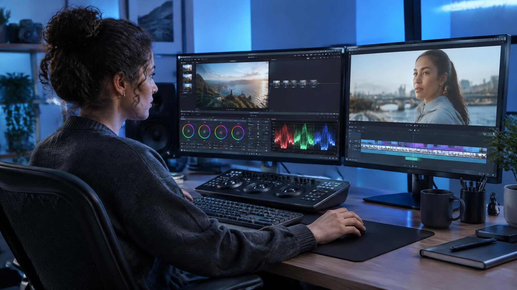 Video editor working on commercial footage with color grading monitors